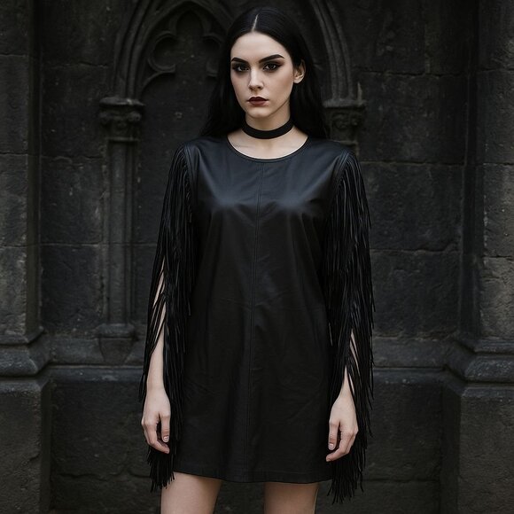 LFA New York Black Faux Leather And Knit Fringe Dress Costume Gothic Grunge 8 - Picture 1 of 8